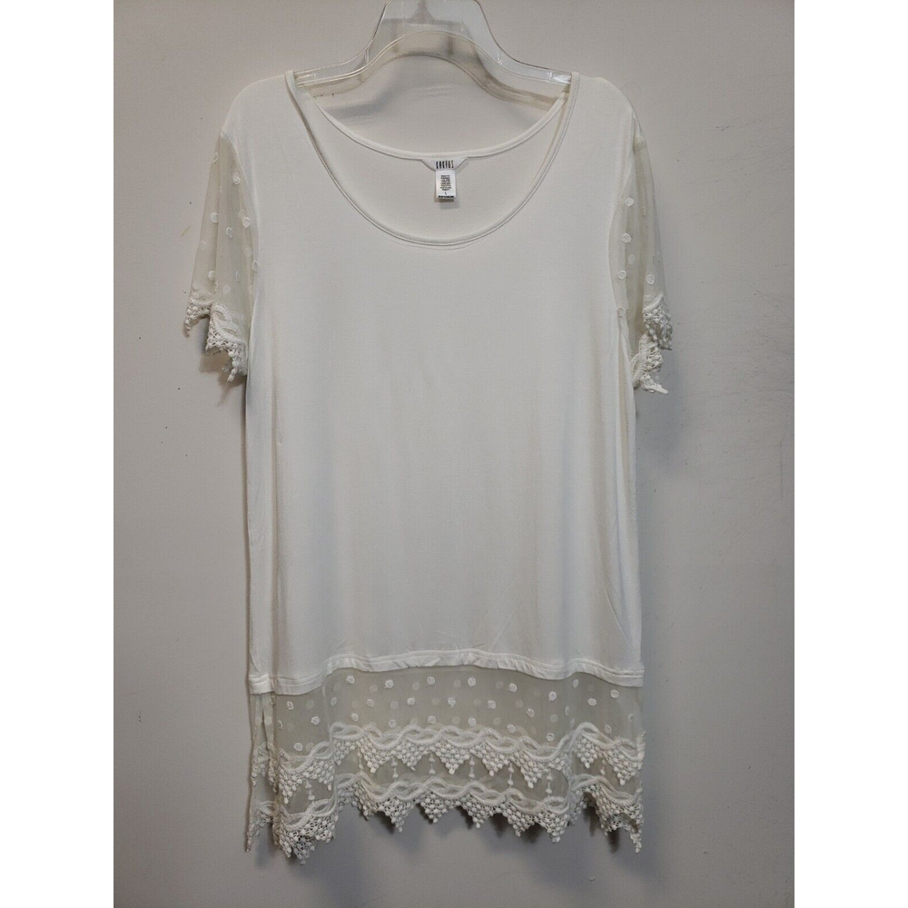 Kaktus womens L Top T shirt Lace Short Sleeve Round Neck Solid White embroidery